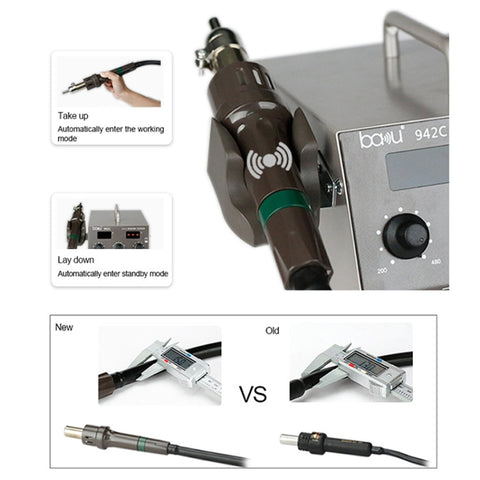 BAKU BA-942C 220V 1000W 2 in 1 Digital Display Adjustable Temperature Hot Air Gun Set, EU Plug, BA-942C