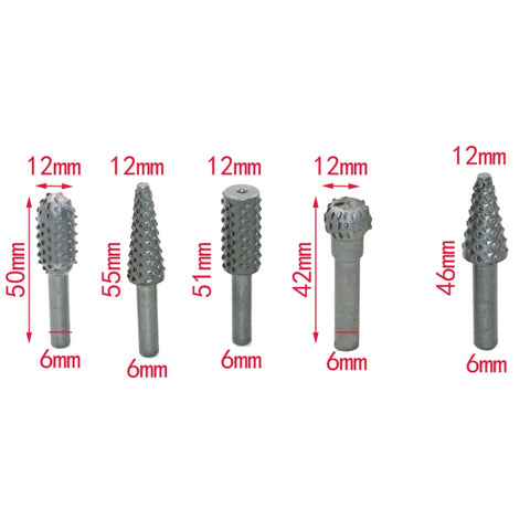 5 PCS/Set Woodworking Wood Carving 6mm Shank Rotating Embossed Grinding Head File Rasp Drill Bits, 5 PCS/Set Drill Bits