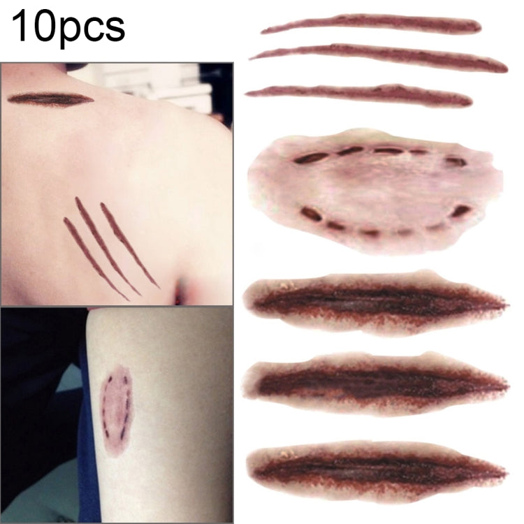 10pcs S-250 Halloween Terror Realistic Scratches Wound Injury Scar Temporary Tattoo Sticker, S-250/10pcs
