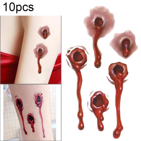 10pcs S-251 Halloween Terror Realistic Bullet Wound Blood Temporary Tattoo Sticker, S-251/10pcs