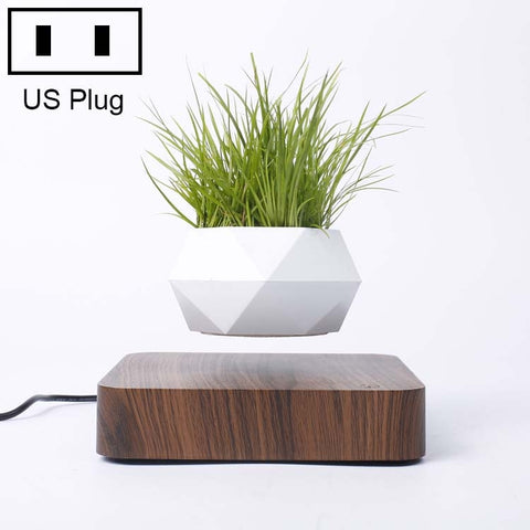 Diamond Plastic Flower Pot + Dark Wood Grain Base Magnetic Levitation Potted Plant Home Decoration, US Plug, Dark Wood Grain US Plug, Light Wood Grain US Plug