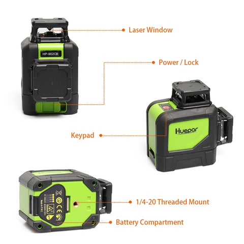 902CR 2×360 Degrees Laser Level Covering Walls and Floors 8 Line Red Beam IP54 Water / Dust proof