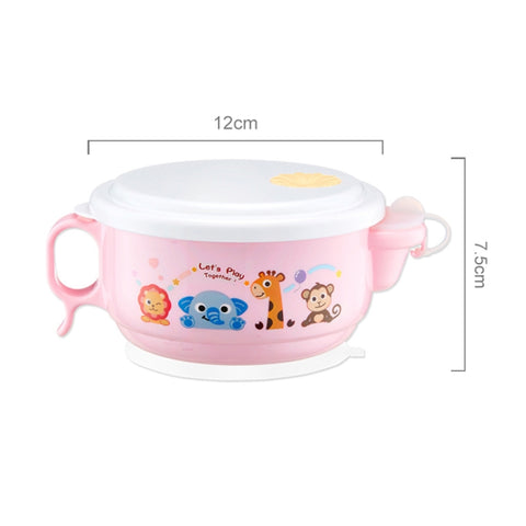 450ml Stainless Steel Interior And Plastic Exterior Double Layer Cartoon Style Bowl With Cover And Handles for Child At Age 2 to 9