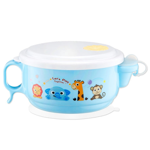 450ml Stainless Steel Interior And Plastic Exterior Double Layer Cartoon Style Bowl With Cover And Handles for Child At Age 2 to 9