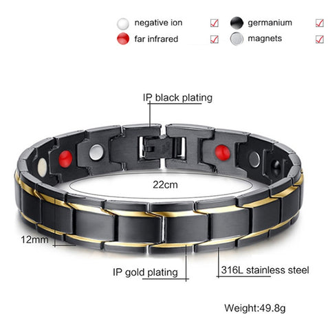 Europe and America Style Fashion Men Jewelry Stainless Steel + Gold-mounted Plating Magnetic Health Bracelet, Size: 12mm*22cm (Black+Gold), Size: 12mm*22cm (Black+Gold)