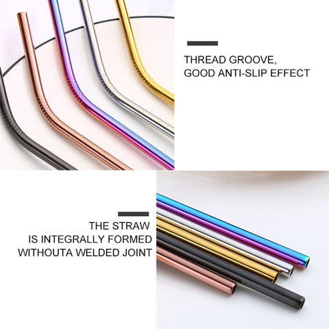 5pcs Reusable Stainless Steel Bent Drinking Straw + Cleaner Brush Set Kit,  215*6mm, 215*6mm (Bent)