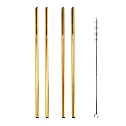 5pcs Reusable Stainless Steel Straight Drinking Straw + Cleaner Brush Set Kit,  266*6mm, 266*6mm (Straight)