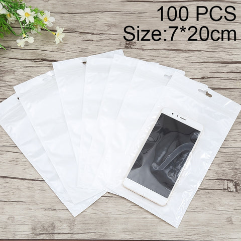 100 PCS 7cm x 20cm Hang Hole Clear Front White Pearl Jewelry Zip Lock Packaging Bag, Custom Printing and Size are welcome, 7*20cm