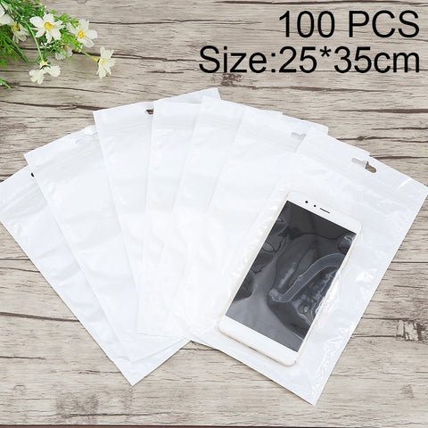 100 PCS 25cm x 35cm Hang Hole Clear Front White Pearl Jewelry Zip Lock Packaging Bag, Custom Printing and Size are welcome, 25*35cm