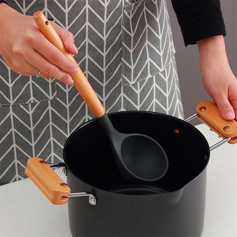 kn020 9 in 1 A Version Wooden Handle Silicone Non-stick Spatula Spoon Kitchen Tool Set, A Version