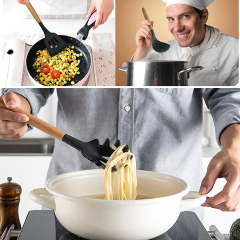 kn020 9 in 1 A Version Wooden Handle Silicone Non-stick Spatula Spoon Kitchen Tool Set, A Version