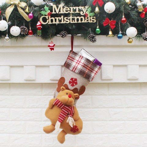 Christmas Ornament Decoration Lattice Cloth Christmas Stocking Gift Bag Pendant, Elk, Snowman, Santa