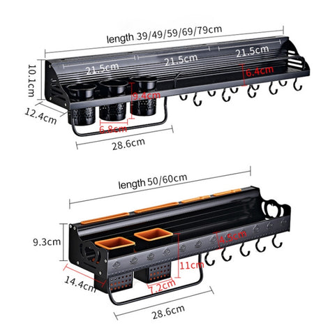 A Version 50cm 1 Cup  8 Hooks Kitchen Multi-function Wall-mounted Condiment Storage Rack, A Version 50cm 1 Cup