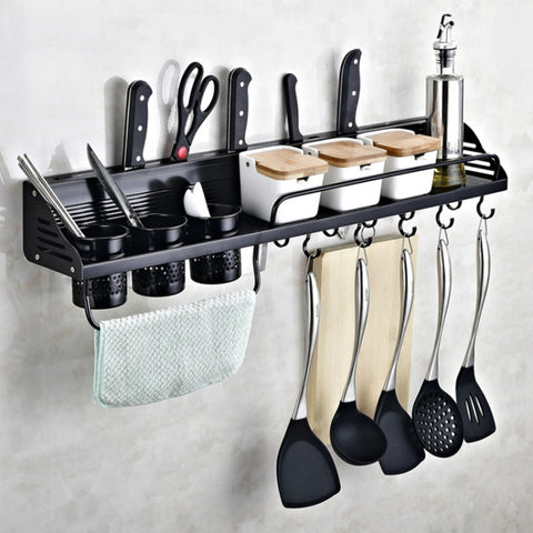 A Version 70cm 2 Cups  10 Hooks Kitchen Multi-function Wall-mounted Condiment Storage Rack, A Version 70cm 2 Cups