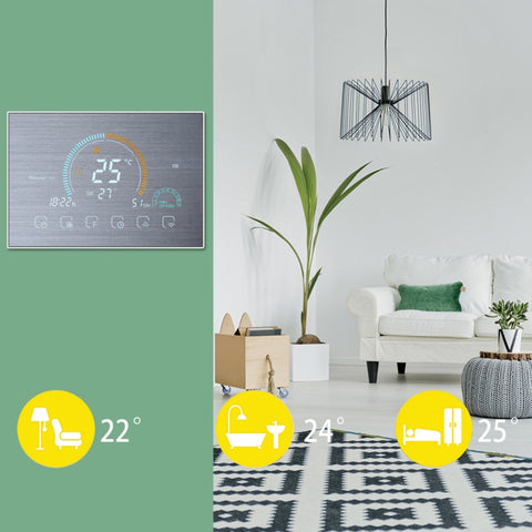 BHT-8000-GALW-SS Brushed Stainless Steel Mirror Control Water Heating Energy-saving and Environmentally-friendly Smart Home Negative Display LCD Screen Round Room Thermostat with WiFi, with WiFi
