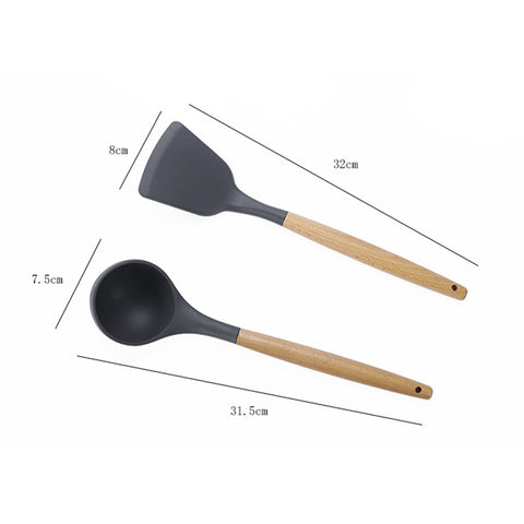 kn082 11 in 1 Wooden Handle Silicone Kitchen Tool Set with Storage Bucket, Black, Pink, Green