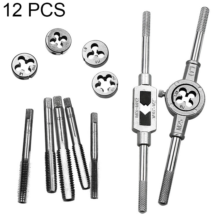 12 PCS Multi-specification Tap and Die Combination Set Hand Metric Wire Tapping Wrench Winch, 12 PCS