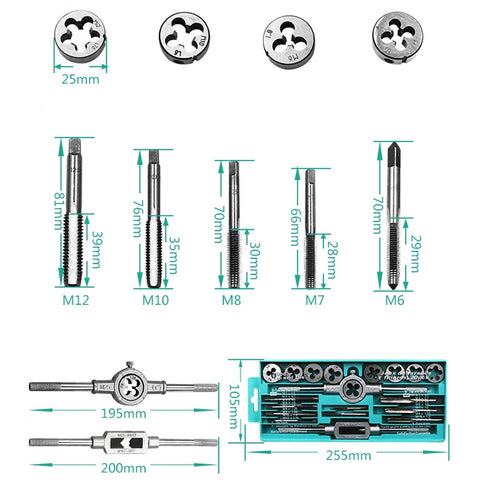 12 PCS Multi-specification Tap and Die Combination Set Hand Metric Wire Tapping Wrench Winch, 12 PCS