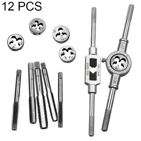 12 PCS Multi-specification Tap and Die Combination Set Hand Metric Wire Tapping Wrench Winch, 12 PCS