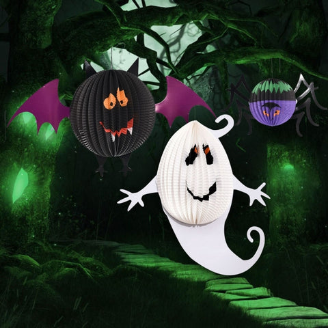 3 PCS / Set Creative Funny Halloween Ghost Bats Spider Pendant Paper Decoration and Props Horror, Ghost + bat + spider