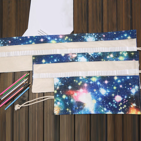 48 Slots Cosmic Galaxy Print Pen Bag Canvas Pencil Wrap Curtain Roll Up Pencil Case Stationery Pouch, 48 Slots