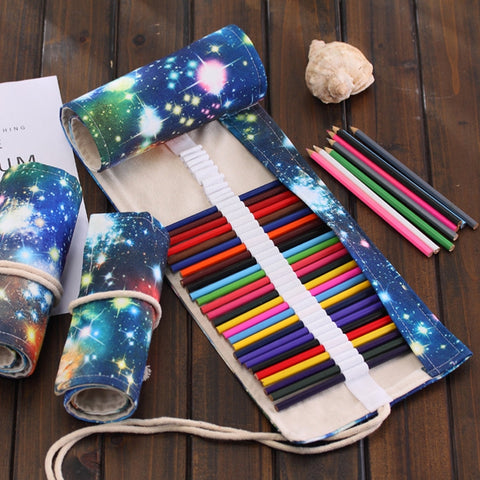 72 Slots Cosmic Galaxy Print Pen Bag Canvas Pencil Wrap Curtain Roll Up Pencil Case Stationery Pouch, 72 Slots