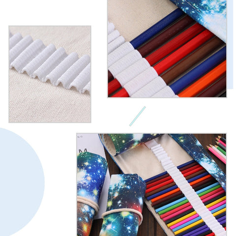 72 Slots Cosmic Galaxy Print Pen Bag Canvas Pencil Wrap Curtain Roll Up Pencil Case Stationery Pouch, 72 Slots