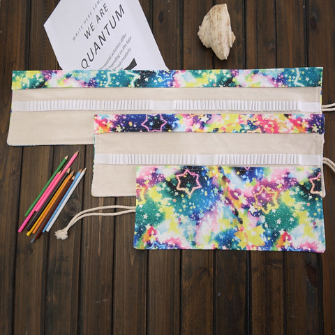48 Slots Starry Sky Print Pen Bag Canvas Pencil Wrap Curtain Roll Up Pencil Case Stationery Pouch, 48 Slots
