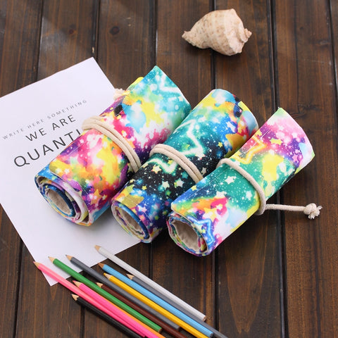 48 Slots Starry Sky Print Pen Bag Canvas Pencil Wrap Curtain Roll Up Pencil Case Stationery Pouch, 48 Slots