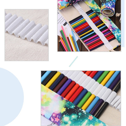 48 Slots Starry Sky Print Pen Bag Canvas Pencil Wrap Curtain Roll Up Pencil Case Stationery Pouch, 48 Slots