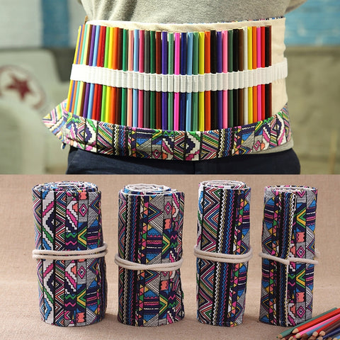 72 Slots Ethnic Print Pen Bag Canvas Pencil Wrap Curtain Roll Up Pencil Case Stationery Pouch, 72 Slots