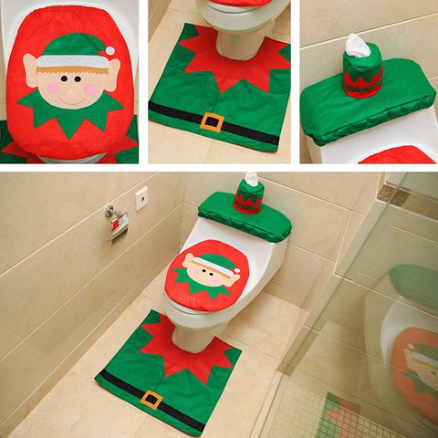 Fancy Christmas Decoration Happy Santa Elf Toilet Seat Cover Rug Bathroom Set, Elf