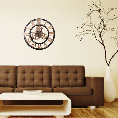 Retro Wooden Round Single-sided Gear Clock Rome Number Wall Clock, Diameter: 40cm, Rome Number  40cm