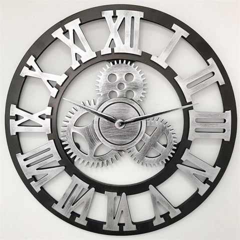 Retro Wooden Round Single-sided Gear Clock Rome Number Wall Clock, Diameter: 40cm, Rome Number  40cm