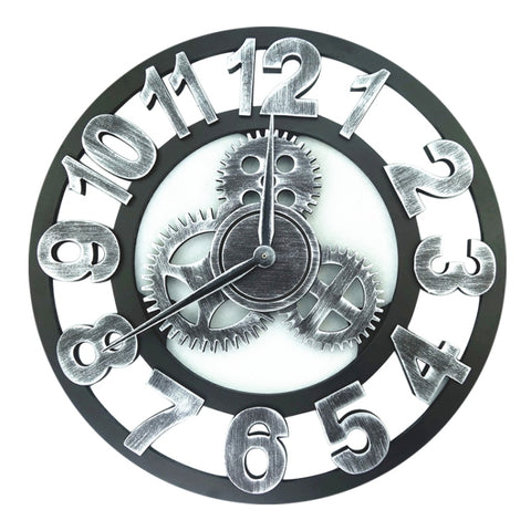 Retro Wooden Round Single-sided Gear Clock Number Wall Clock, Diameter: 50cm, Number 50cm