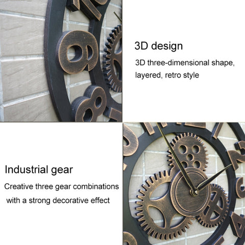 Retro Wooden Round Single-sided Gear Clock Number Wall Clock, Diameter: 58cm, Number 58, Number 58cm