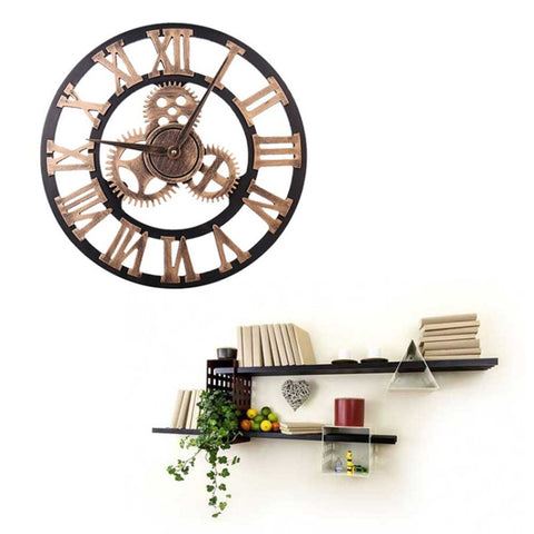 Retro Wooden Round Single-sided Gear Clock Rome Number Wall Clock, Diameter: 58cm, Rome Number 58cm