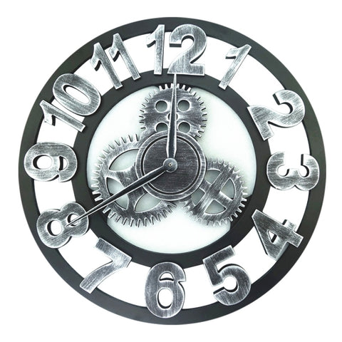 Retro Wooden Round Single-sided Gear Clock Arabic Number Wall Clock, Diameter: 30cm, Number 30cm
