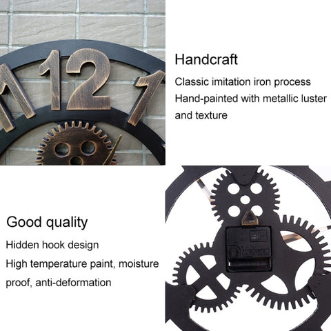 Retro Wooden Round Single-sided Gear Clock Arabic Number Wall Clock, Diameter: 30cm, Number 30cm