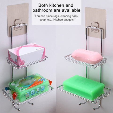 Creative Double Layer Stainless Steel Soap Stand Non-trace Magic Sticker Style Soap Dish Bathroom Shelf Belt Hanger, Double Layer Bathroom Shelf 1