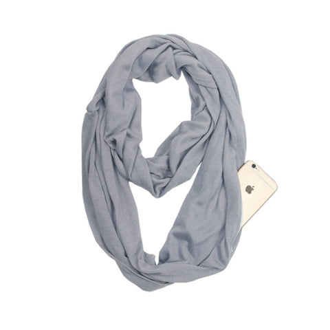 Women Solid Winter Infinity Scarf Pocket Loop Zipper Pocket Scarves