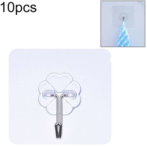 10pcs PVC + Stainless Steel Thin Plum Shape Seamless Adhesive Hook Waterproof Transparent Strong Stick Hook Kitchen Wall Mount, Thin
