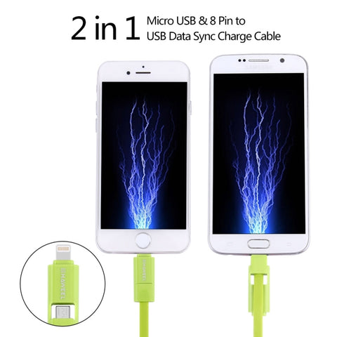 HAWEEL 1m 2 in 1 Micro USB & 8 Pin to USB Data Sync Charge Cable, 2 in 1 Cable in two connectors, 2 in 1