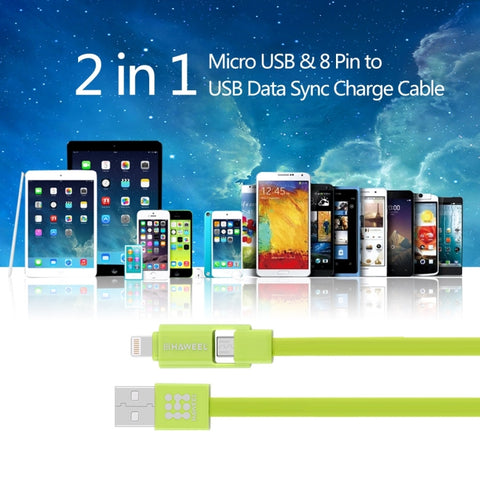 HAWEEL 1m 2 in 1 Micro USB & 8 Pin to USB Data Sync Charge Cable, 2 in 1 Cable in two connectors, 2 in 1