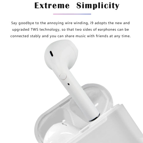 i9 Wireless TWS Sport Bilateral Stereo Bluetooth 5.0 Headset with Charging Box, Push-button Version, Push-button Version