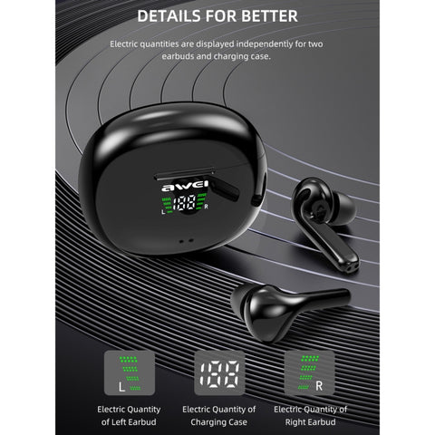 awei T15P Bluetooth V5.0 TWS Ture Wireless Sports LED Display Headset with Charging Case, T15P