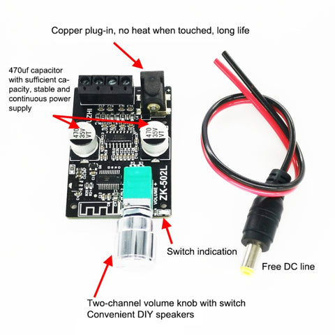ZK-502L Bluetooth 5.0 12/24V Wireless Stereo Audio Digital Power Amplifier Board 50Wx2 Bluetooth Amp Amplificador, without Shell, ZK-502L without Shell