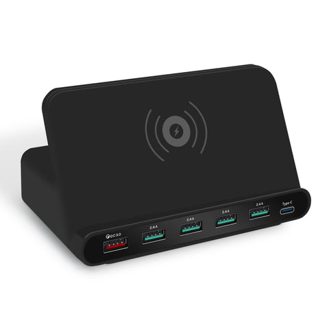 828W 7 in 1 60W QC 3.0 USB Interface + 4 USB Ports + USB-C / Type-C Interface + Wireless Charging Multi-function Charger with Mobile Phone Holder Function, UK Plug, UK Plug Black, UK Plug White