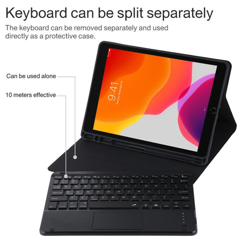 TG-102BCS Detachable Bluetooth Black Keyboard + Microfiber Leather Tablet Case for iPad 10.2 inch / iPad Air (2019), with Touch Pad & Backlight & Pen Slot & Holder, Black Keyboard