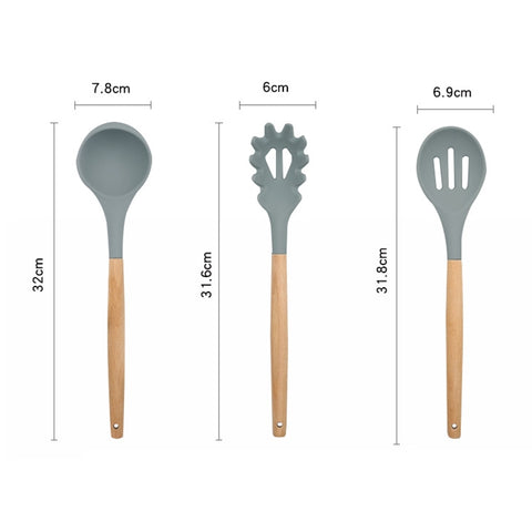 13 in 1 Silicone Wood Handle Heat-resistant Cooking Cutlery Sets Kitchen Tools with Small Container, 13 in 1, with Small Container